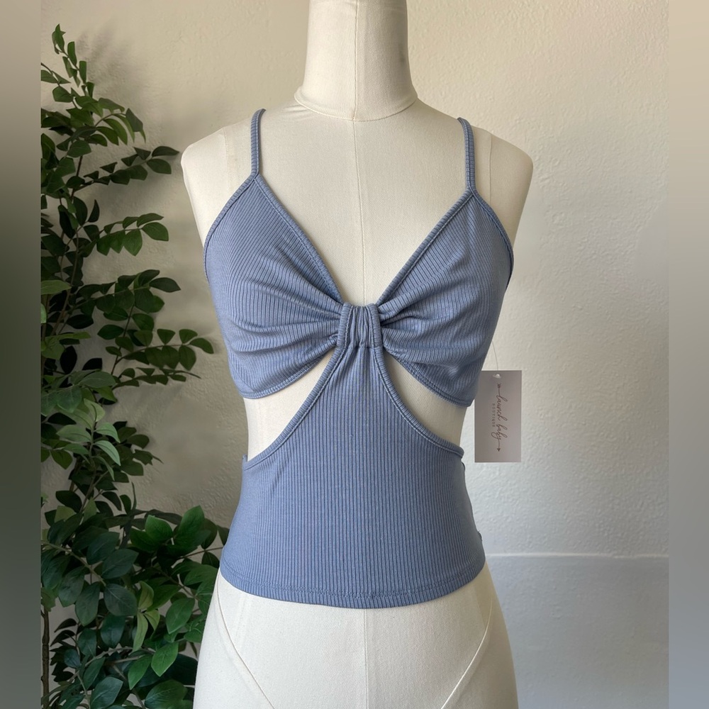 Blue Ribbed Cutout Tank Top – Trendy & Flattering